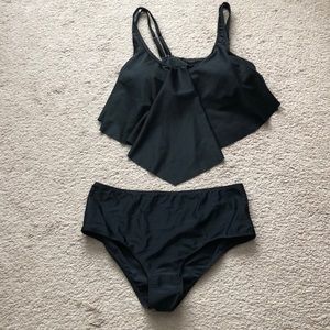 Black two piece swim suit.